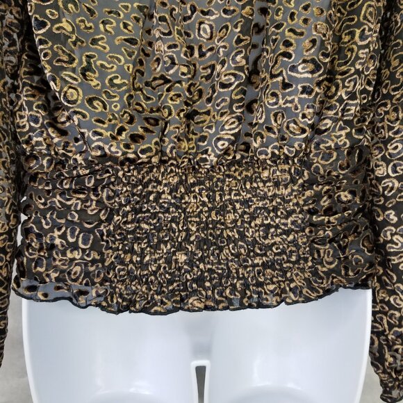Vintage Havana Ruffle Blouse Women's M Velvet Burnout Sheer Leopard Smocked Back - Picture 9 of 16